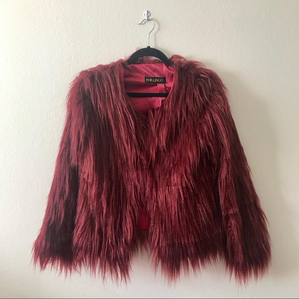 NWT Faux fur long hair burgundy coat - Picture 2 of 8
